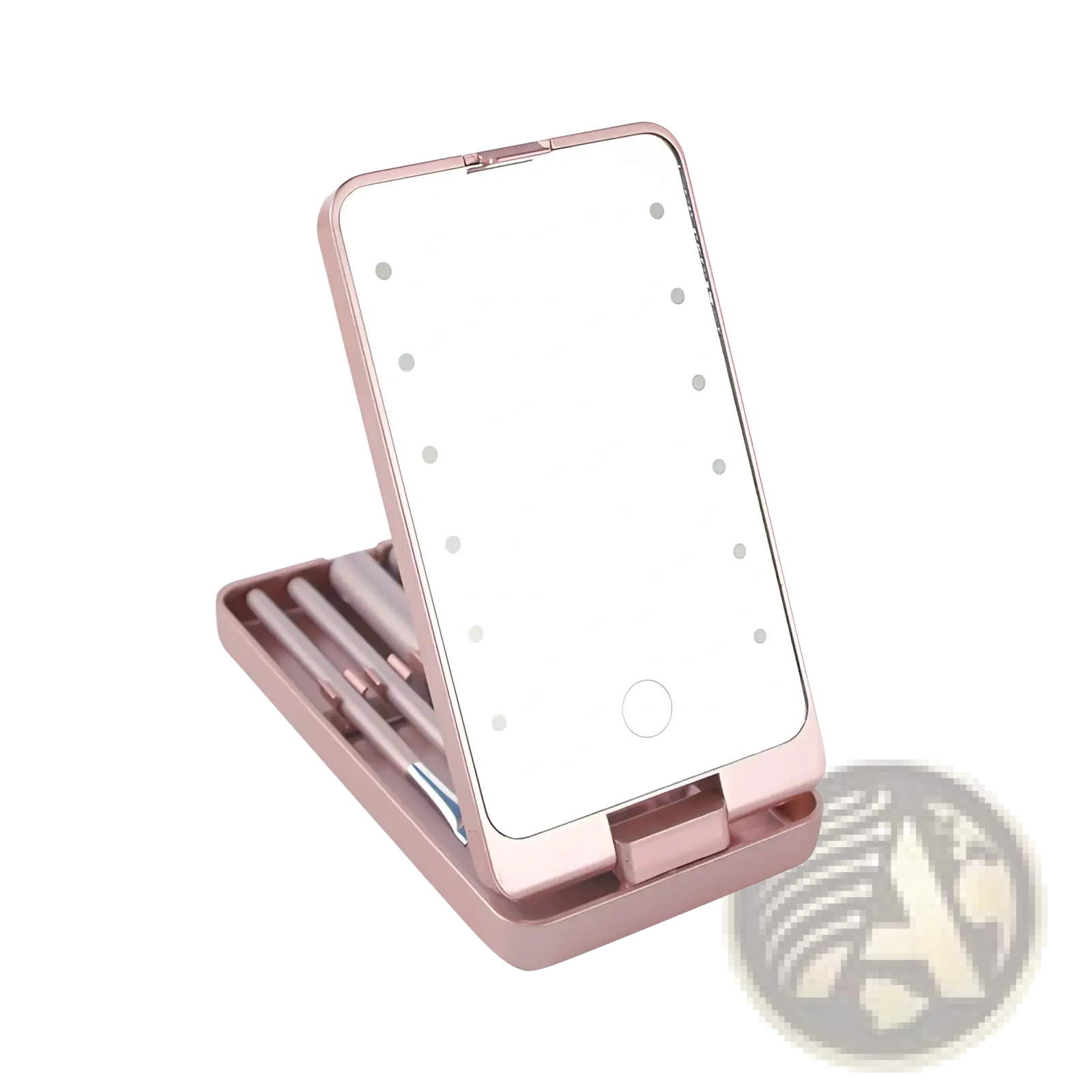 Rose gold led makeup mirror with folding brush set case featuring frame lights and built-in stand with brush holders