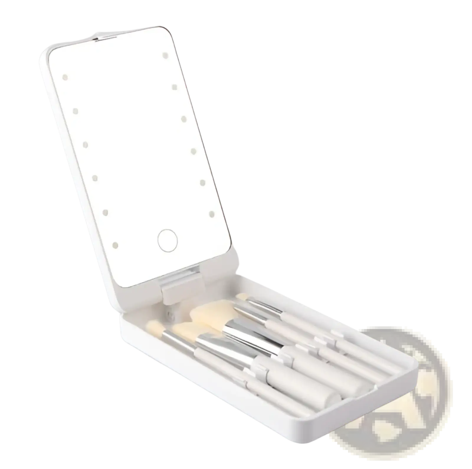 Led makeup mirror with folding brush set case in white featuring led lights and matching white-handled brushes inside