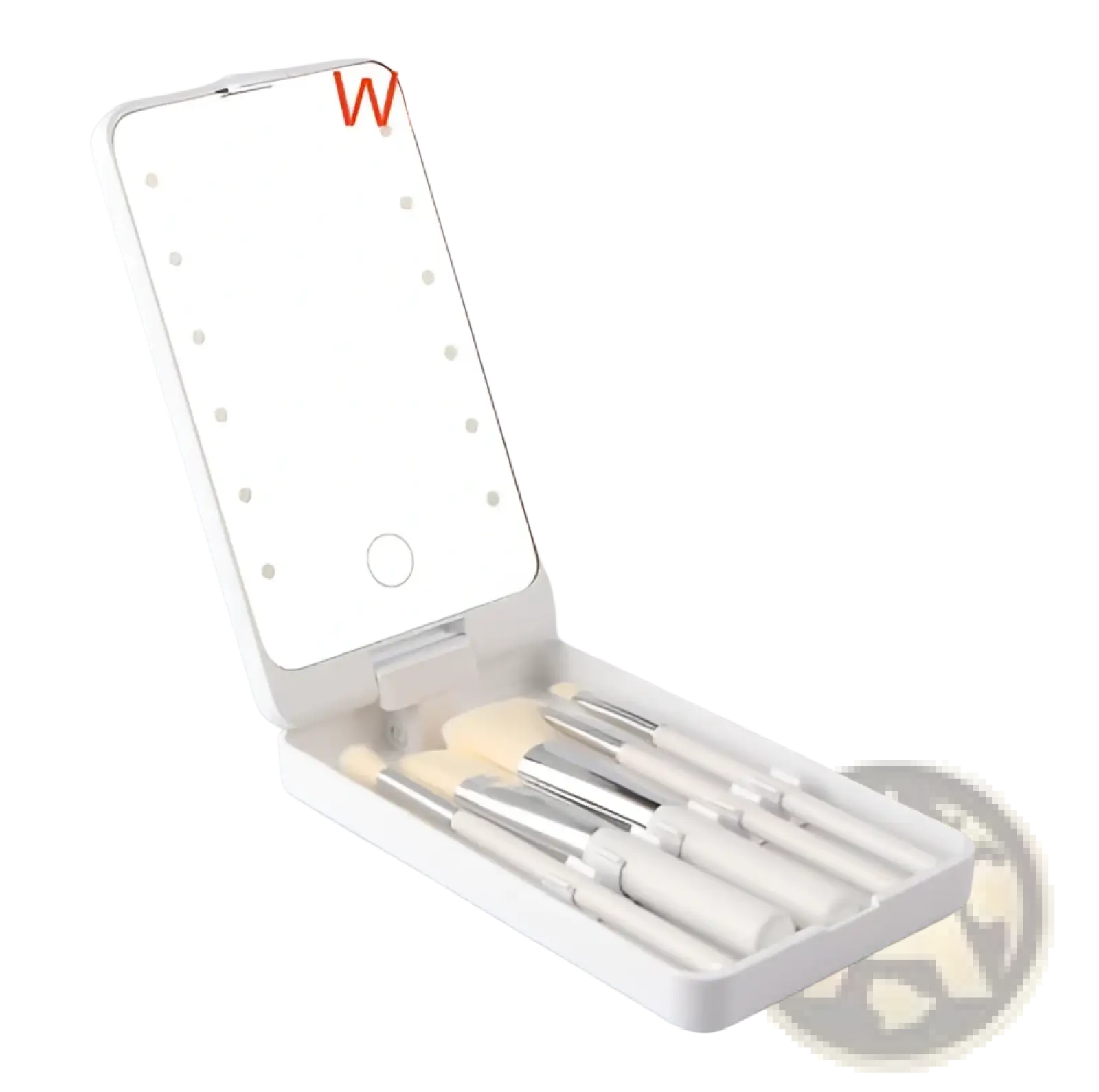 White led-lit mirror makeup brush set with sleek white handles and silver ferrules in folding brush case