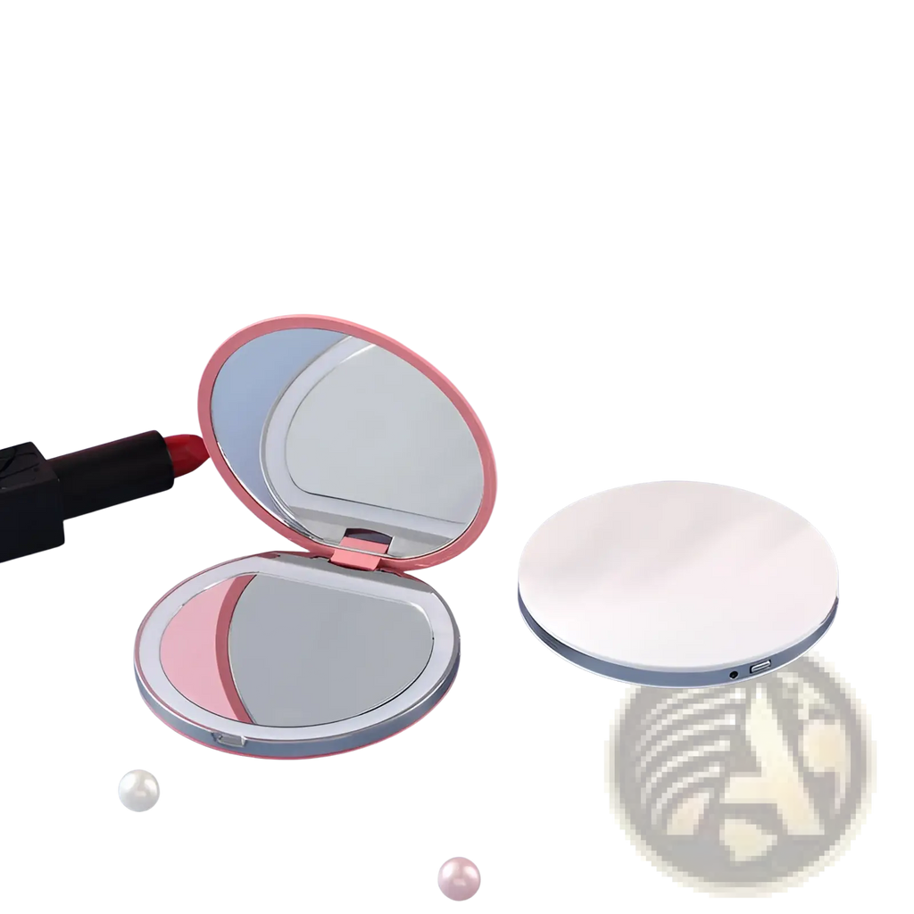 Led makeup mirror portable usb compact folding mirror in pink and silver with a sleek rounded design and folding feature