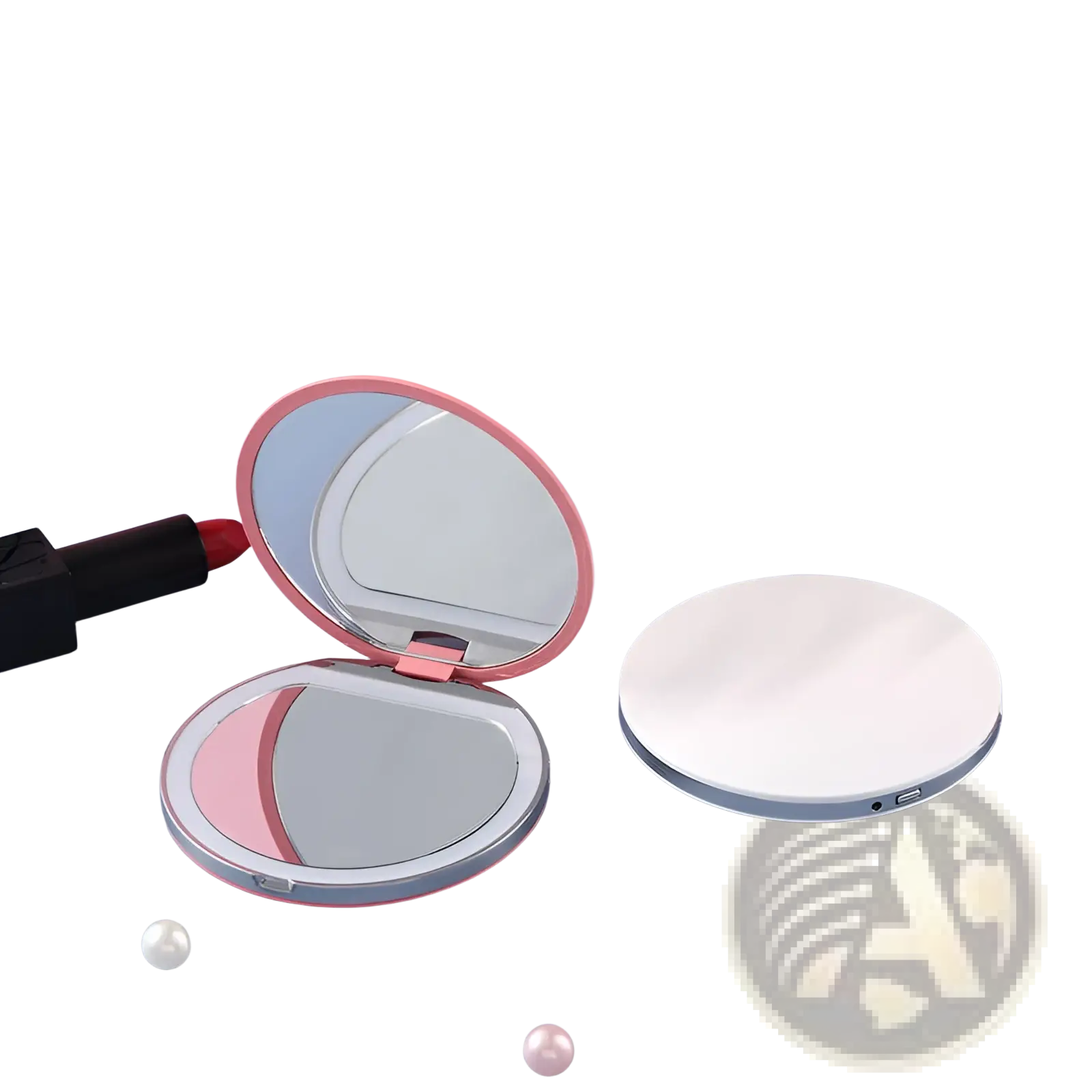 Led makeup mirror portable usb compact folding mirror in pink and silver with a sleek rounded design and folding feature