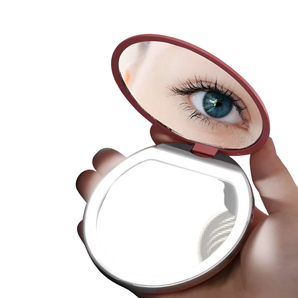 Led makeup mirror portable usb compact folding mirror with rose gold frame and illuminated white led ring base