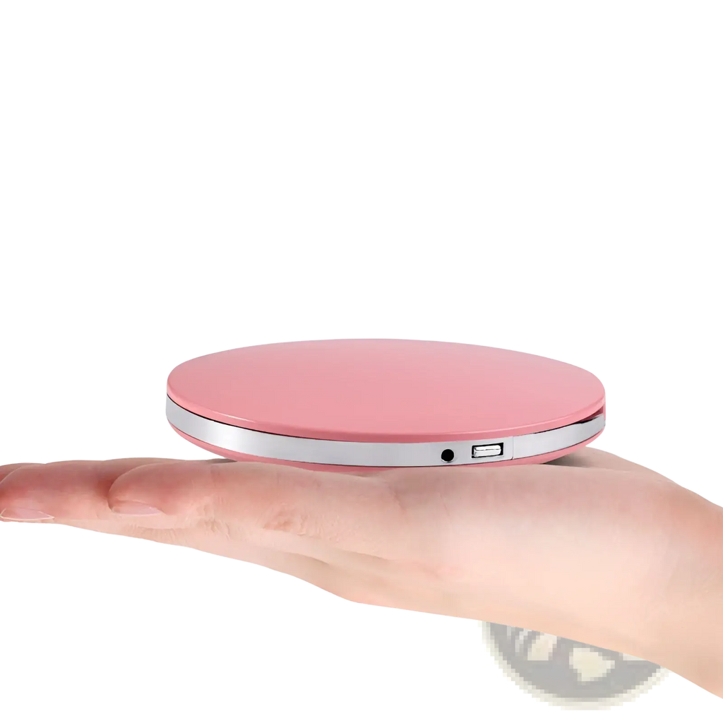 Led makeup mirror portable usb compact folding mirror with pink circular heater and silver metallic edge usb port