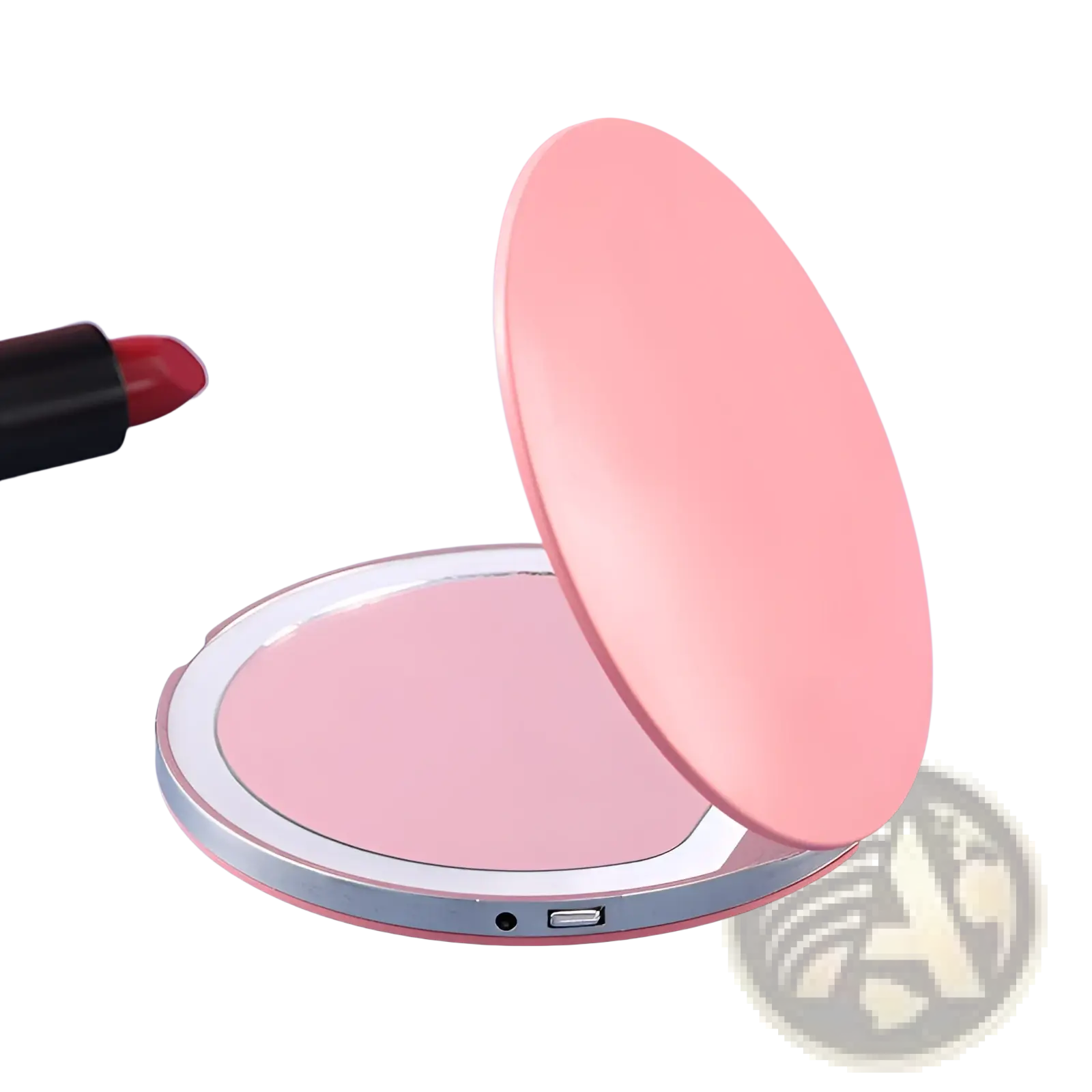 Led makeup mirror portable usb compact folding mirror pink circular with silver metallic rim and usb charging port