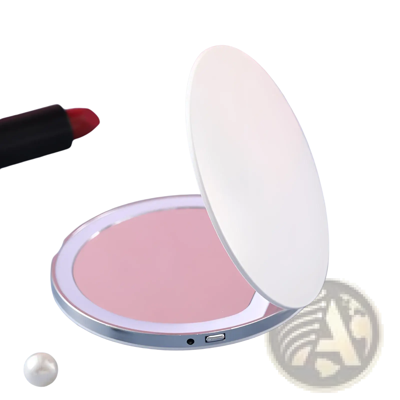 A sleek led makeup mirror portable usb compact folding mirror with a round silver metallic frame and white lid
