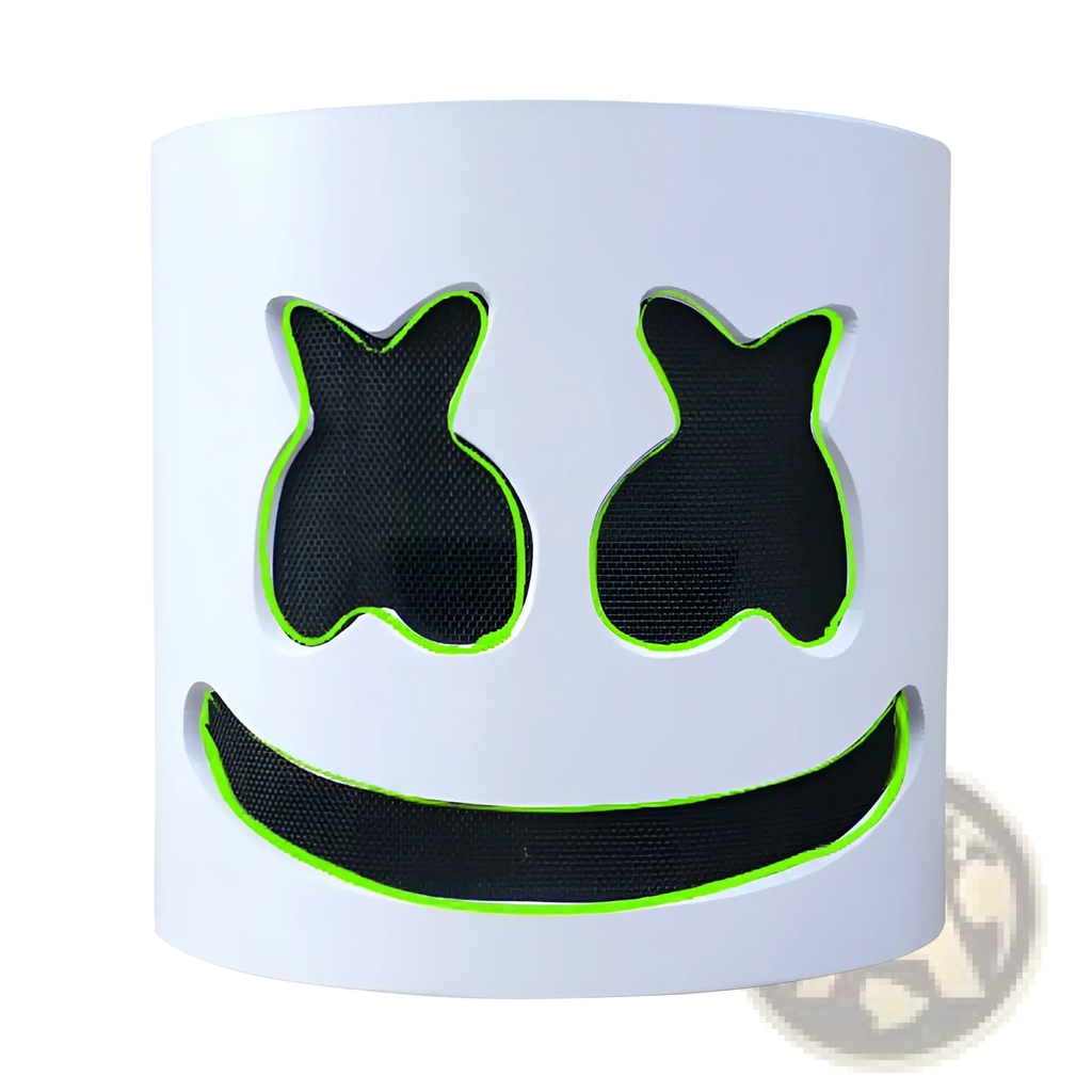 Led marshmello mask glowing neon helmet for kids with white cylindrical design and black mesh cutouts outlined in green neon