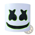 Led marshmello mask glowing neon helmet for kids with white cylindrical design and black mesh cutouts outlined in green neon