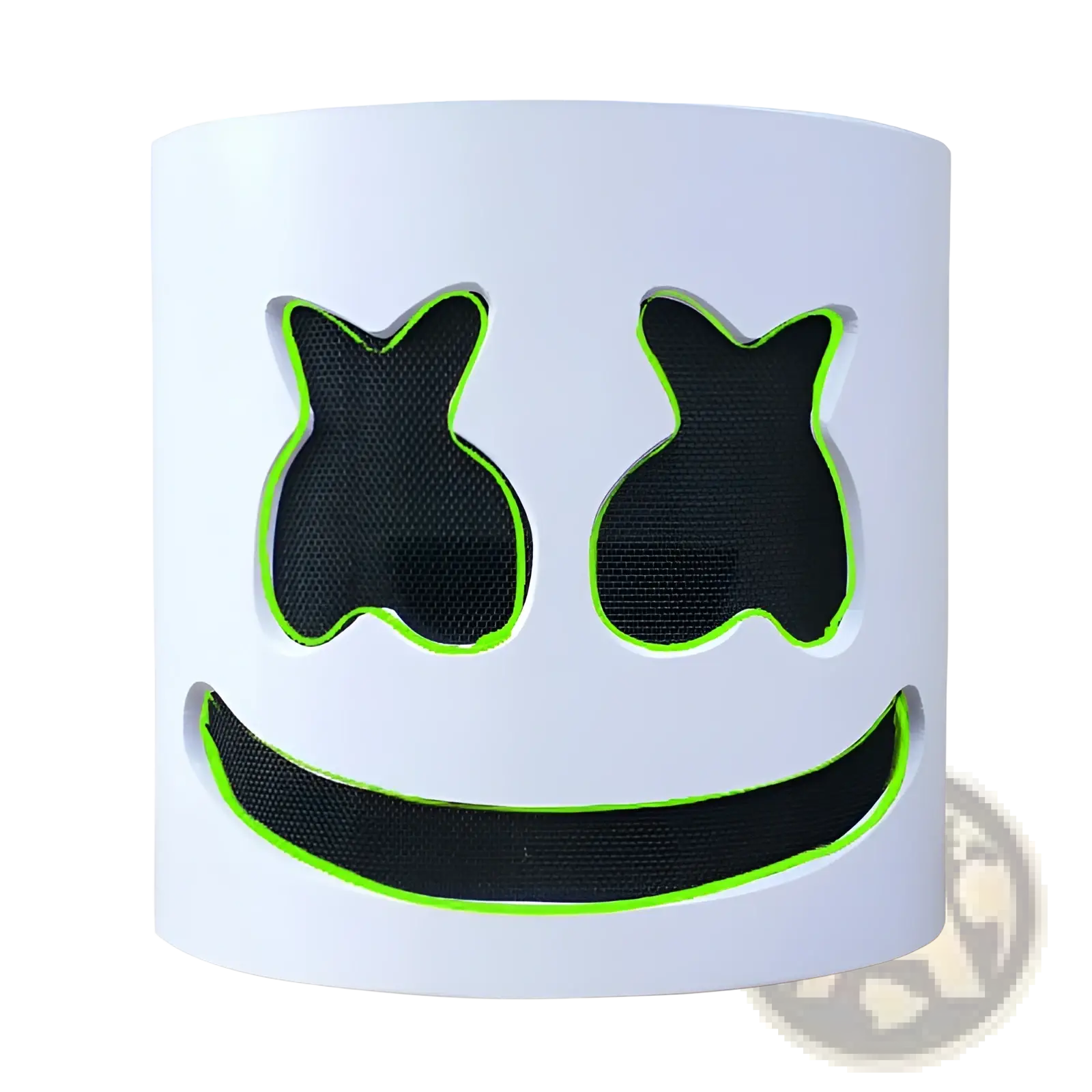 Led marshmello mask glowing neon helmet for kids with white cylindrical design and black mesh cutouts outlined in green neon