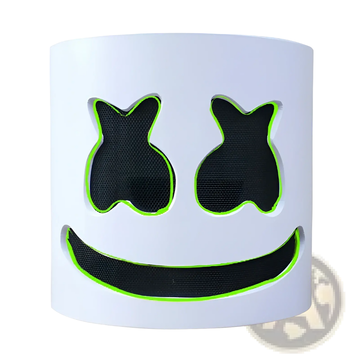 Led marshmello mask glowing neon helmet for kids with white cylindrical design and black mesh eye and mouth cutouts outlined in green
