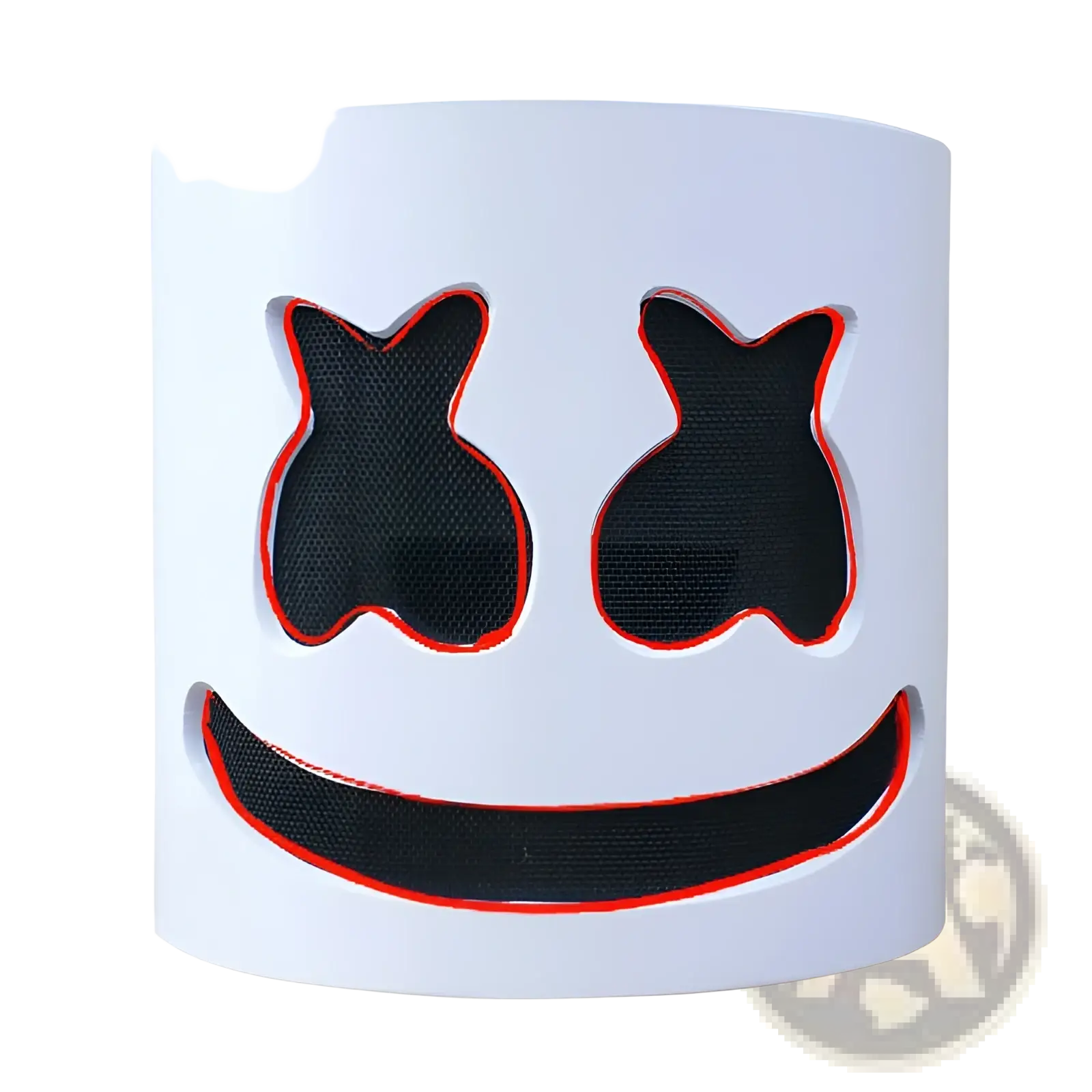 White cylindrical led marshmello mask with black mesh eye and mouth cutouts outlined in red glowing neon helmet for kids