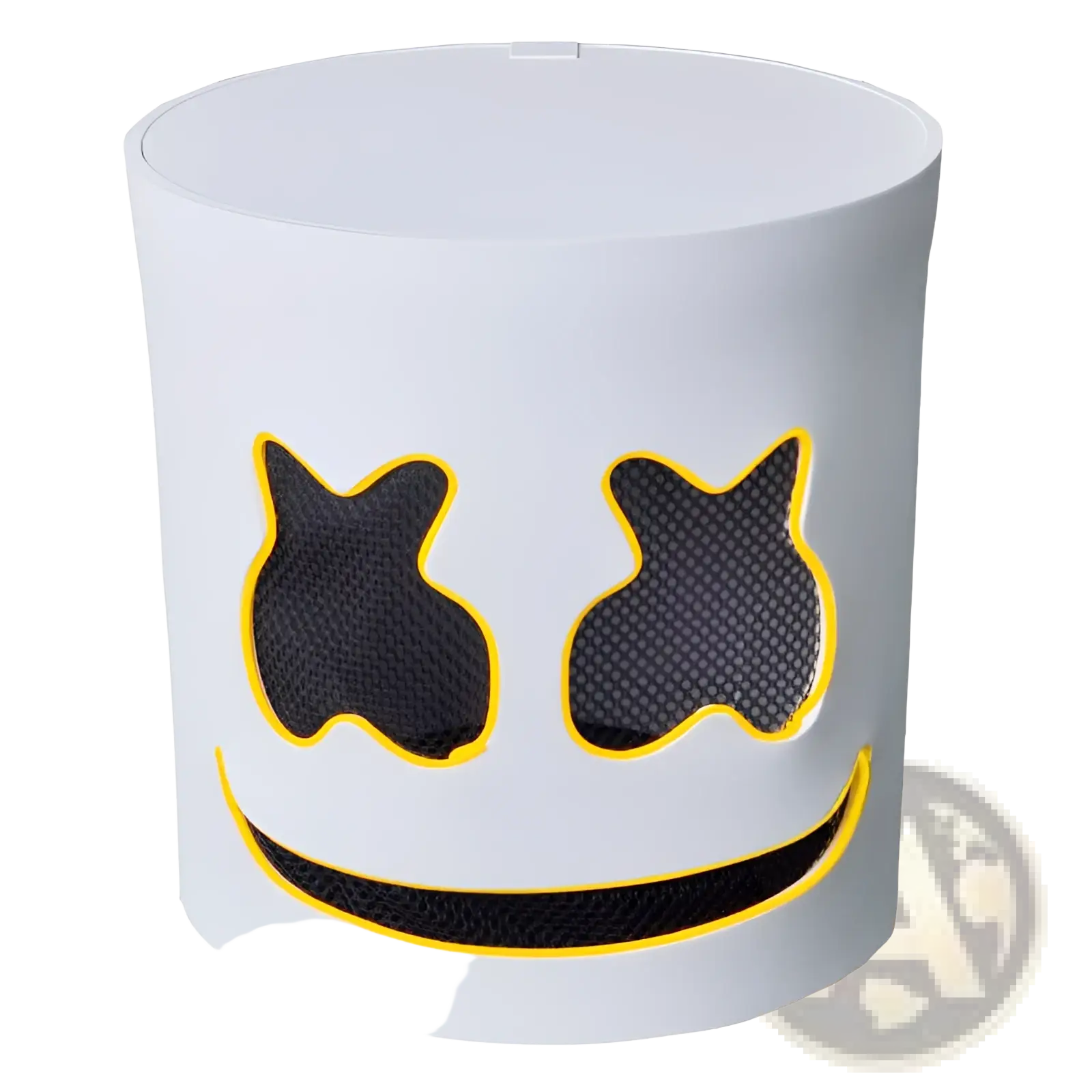 White cylindrical led marshmello mask with black mesh eye mouth sections outlined in yellow glowing neon helmet for kids