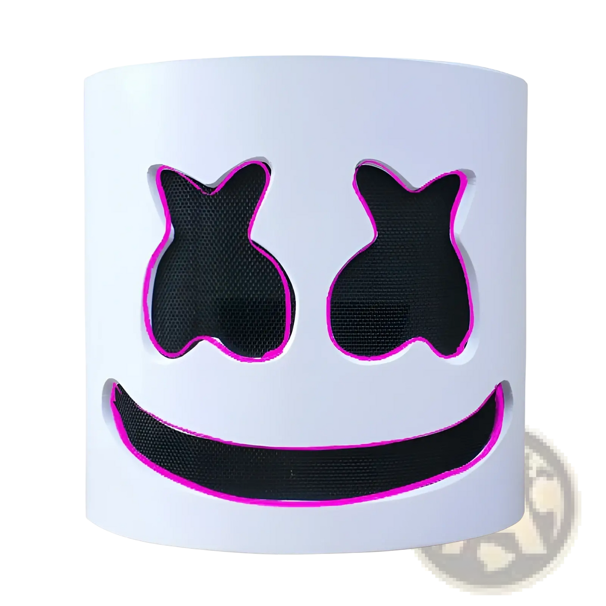Led marshmello mask glowing neon helmet for kids with white cylindrical led design and pink neon outlined black mesh cutouts