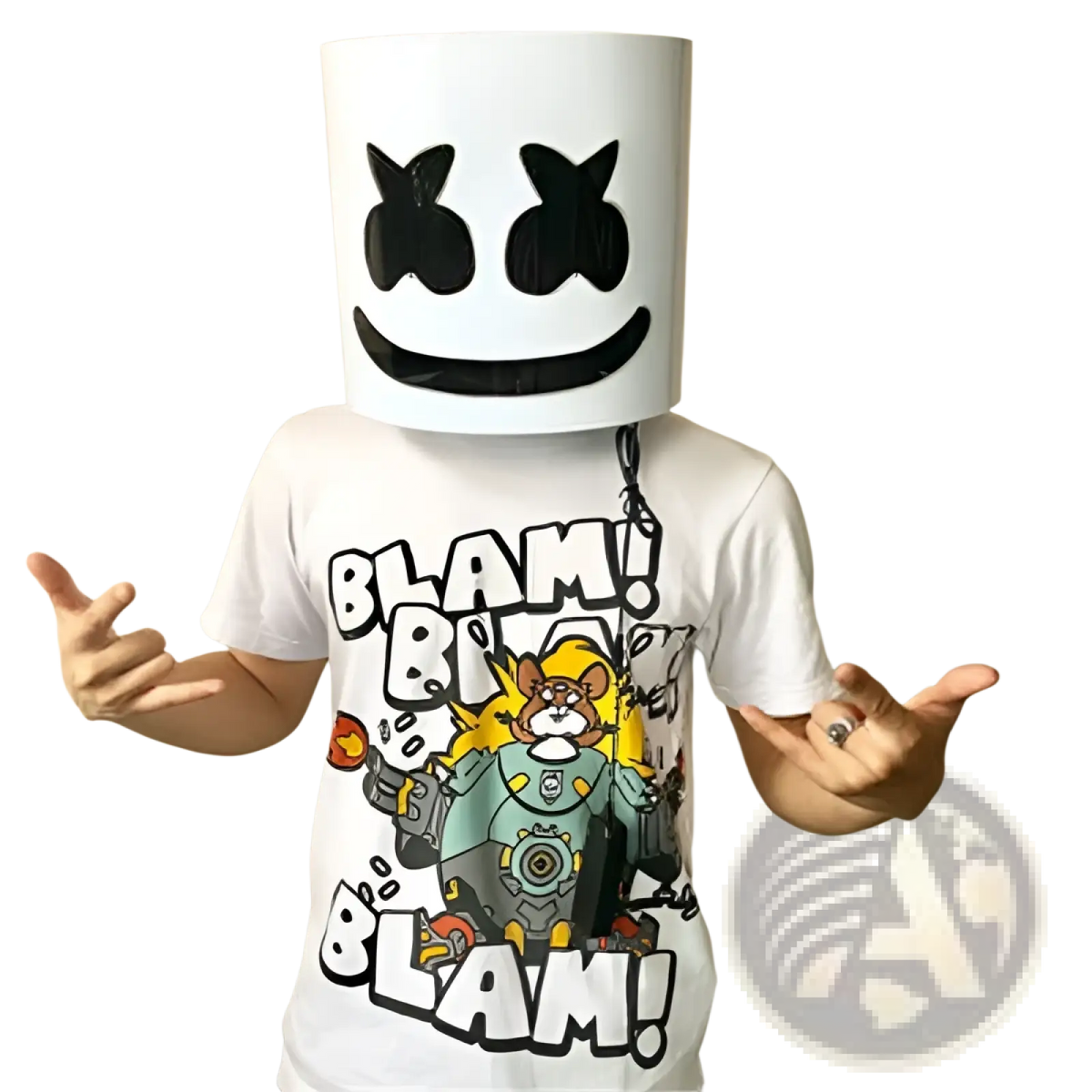 Led marshmello mask glowing neon helmet for kids with white cylindrical design and black smiley face pattern