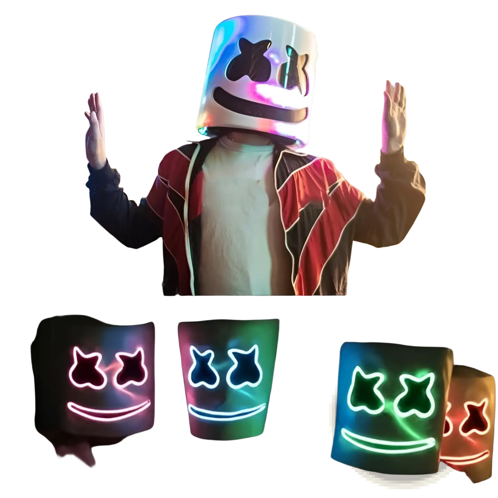 Led Marshmello mask glowing neon helmet for kids featuring white plastic exterior with neon-lit eyes and smile