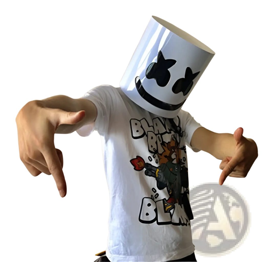 Led marshmello mask glowing neon helmet for kids white cylindrical with black smiley face and glossy finish