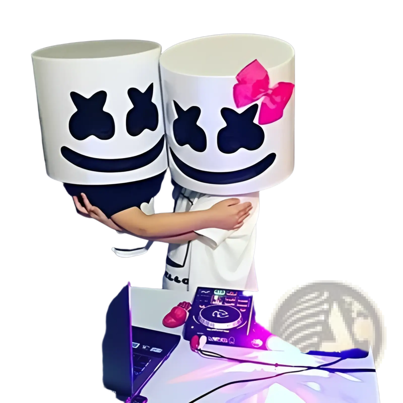 Led marshmello mask glowing neon white helmet with black smiley faces and pink bow for kids