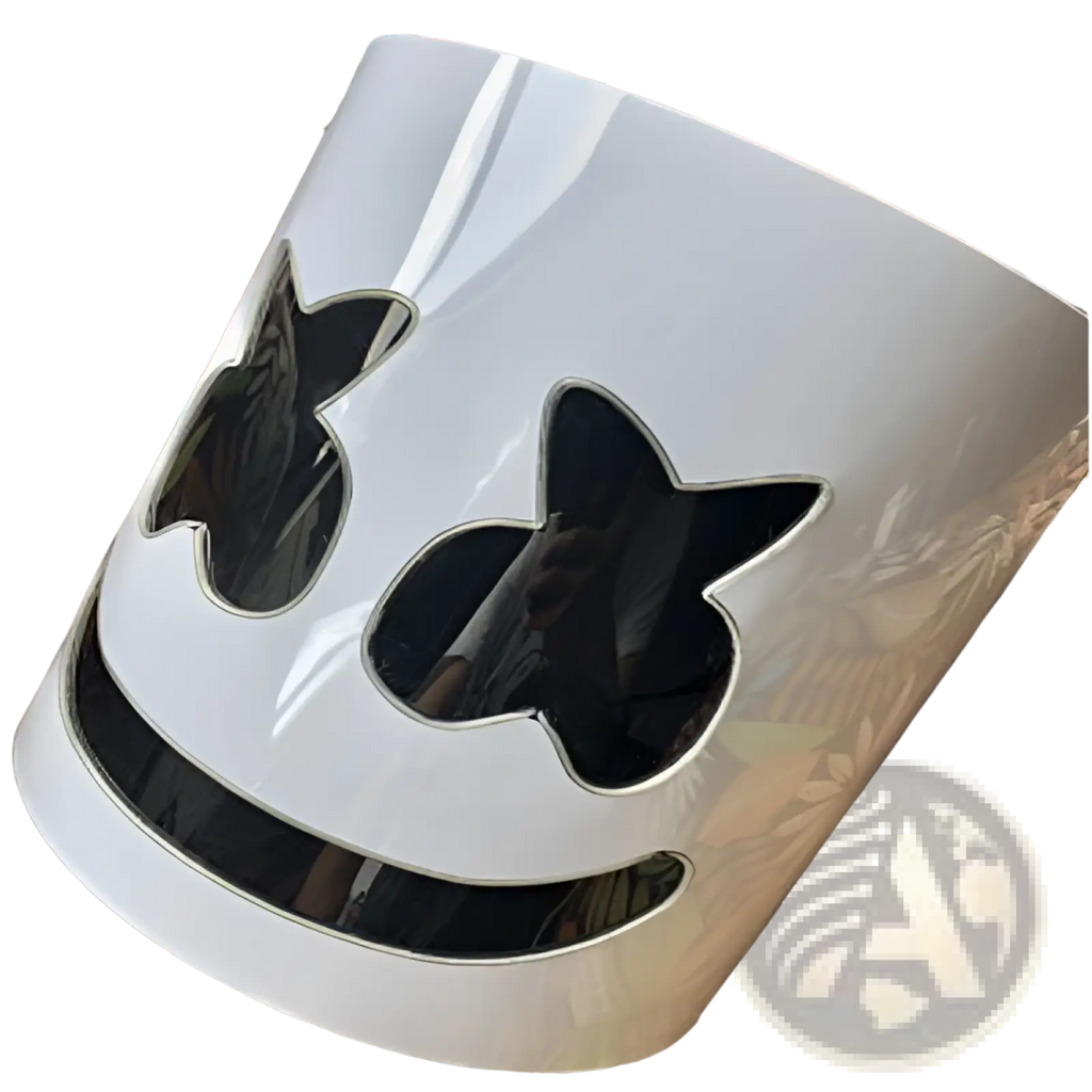 Led marshmello mask glowing neon helmet in white glossy finish with black cutout eyes and smile for kids