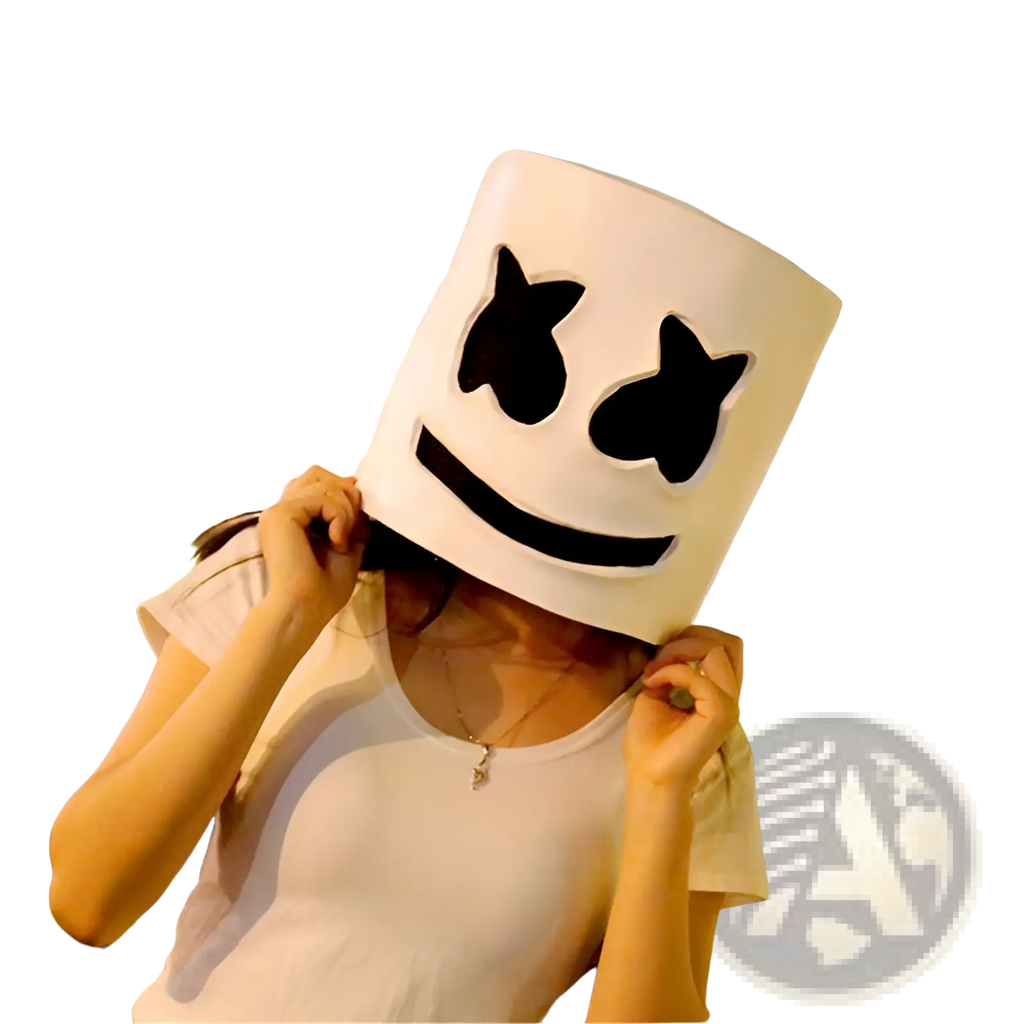 Led marshmello mask glowing neon white helmet with black star-shaped eye cutouts and smiling mouth design for kids