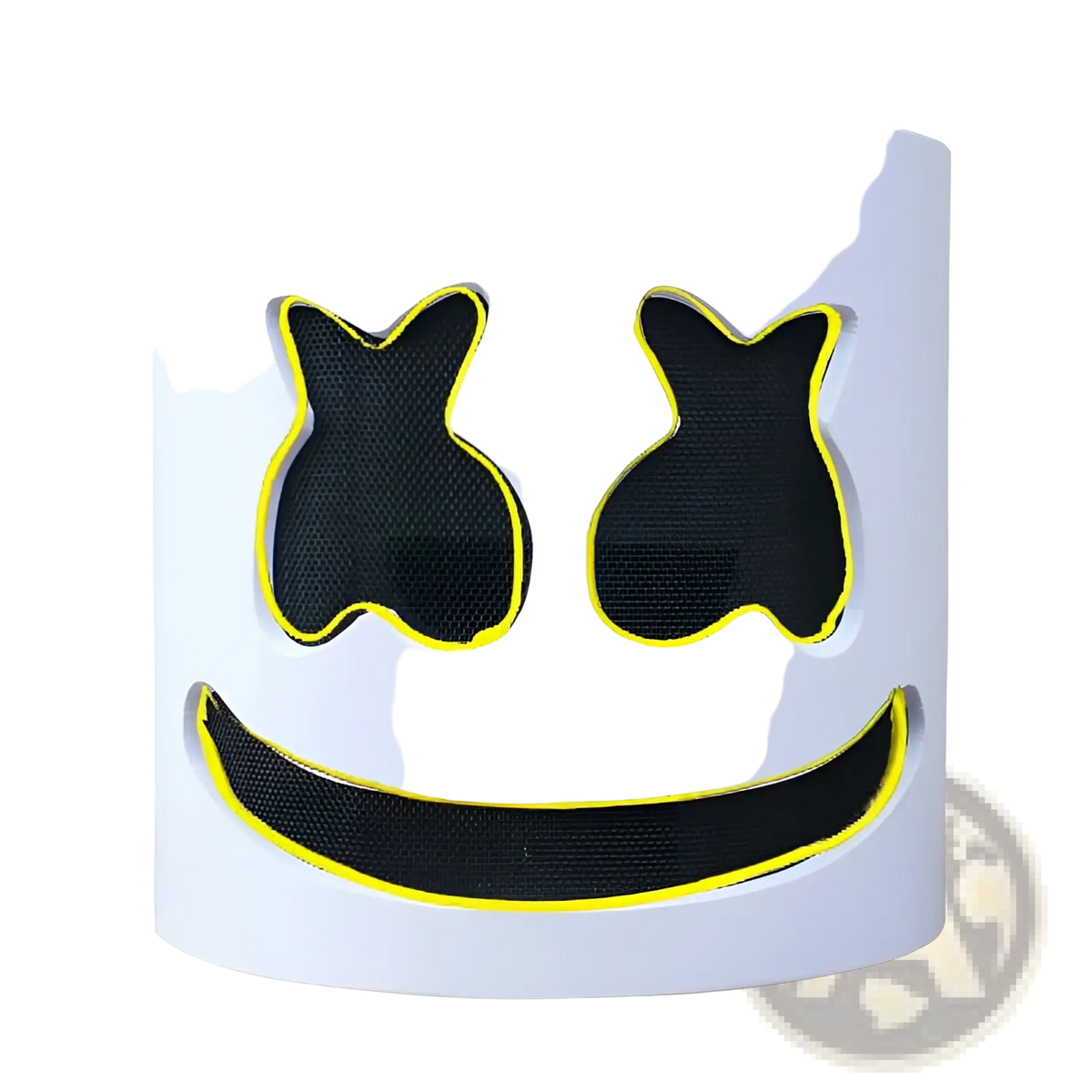 Led marshmello mask glowing neon helmet for kids with white cylindrical shell and black mesh eye mouth cutouts outlined in yellow