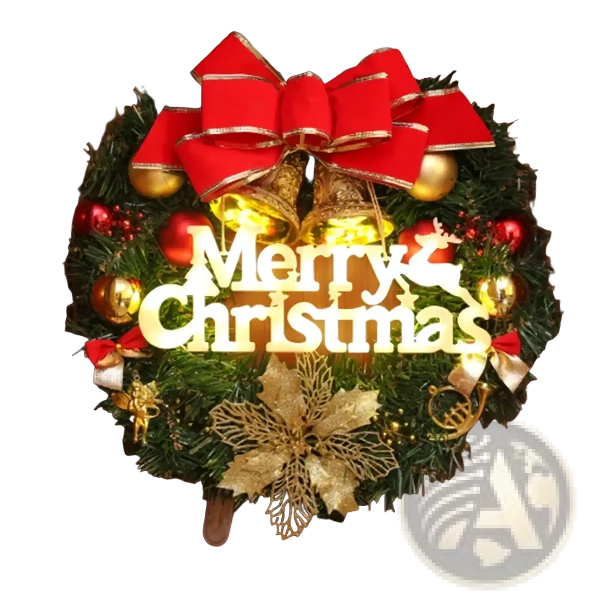 A festive christmas wreath with led merry christmas letter lights, adorned with a red bow, golden bells, and ornaments