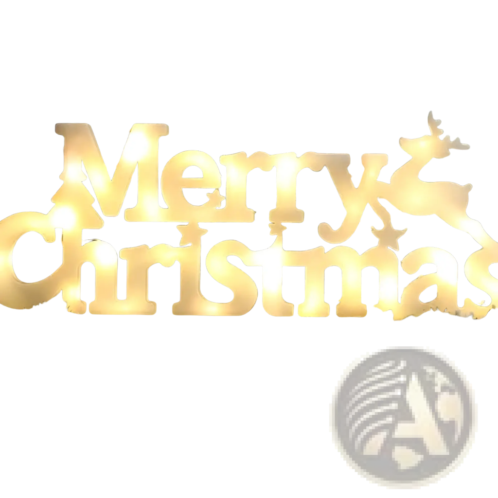 Led merry christmas letter light string garland with glowing gold sign and reindeer silhouette on frosted pine branches