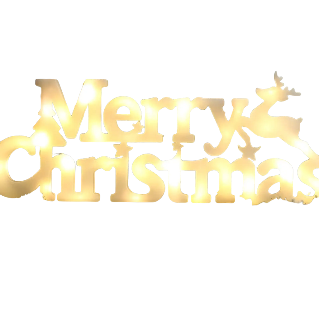 Led merry christmas letter light string garland with glowing gold sign and reindeer silhouette on frosted pine branches