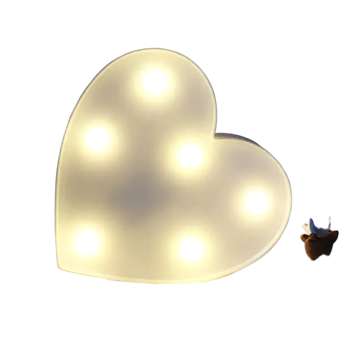 A soft white translucent heart shaped led light with five glowing bulbs from led merry christmas letter light string garland