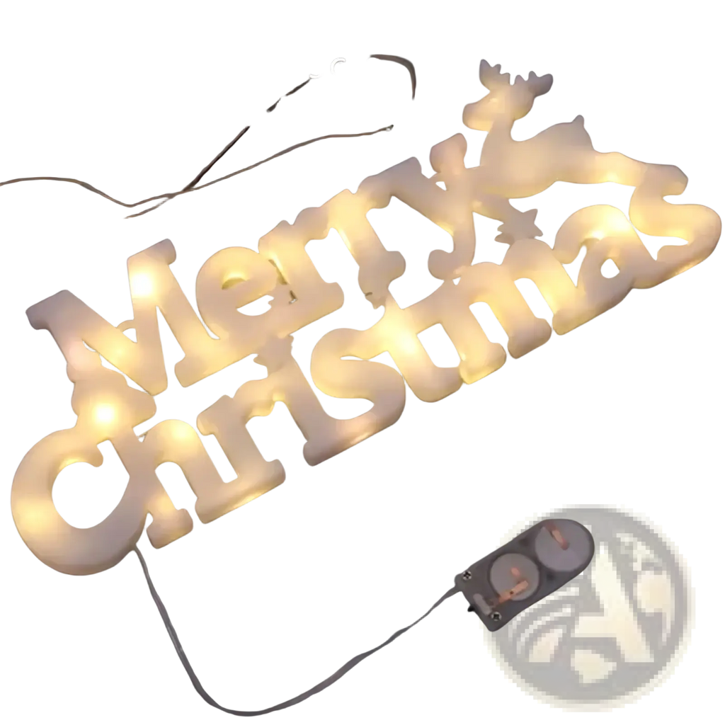 Led merry christmas letter light string garland featuring a white led sign with reindeer design and battery pack
