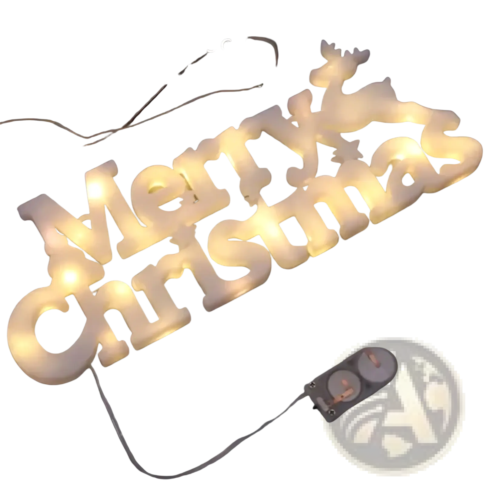 Led merry christmas letter light string garland featuring a white led sign with reindeer design and battery pack