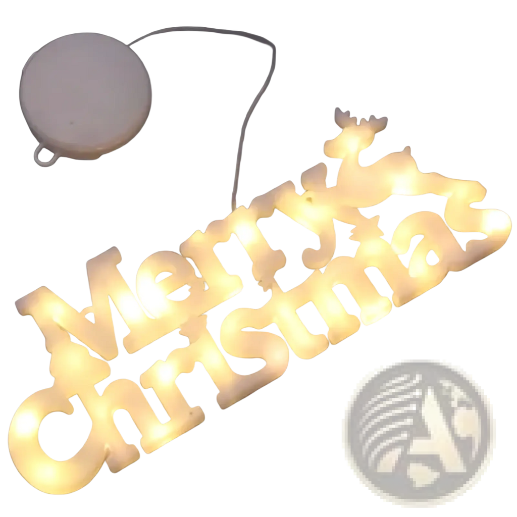 A glowing white plastic led merry christmas letter light string garland with warm yellow led lights and reindeer silhouette