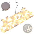 A glowing white plastic led merry christmas letter light string garland with warm yellow led lights and reindeer silhouette