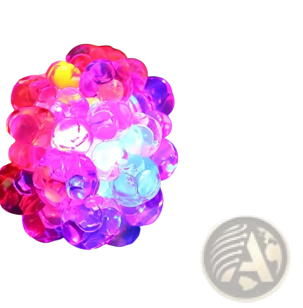 Led mesh stress ball glowing grape squeeze toy with translucent pink and blue gel beads and yellow center
