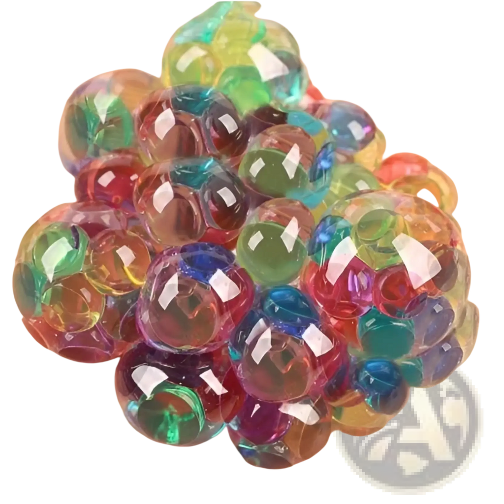 A cluster of translucent colorful gel beads in red blue green and purple featured in led mesh stress ball glowing grape squeeze toy