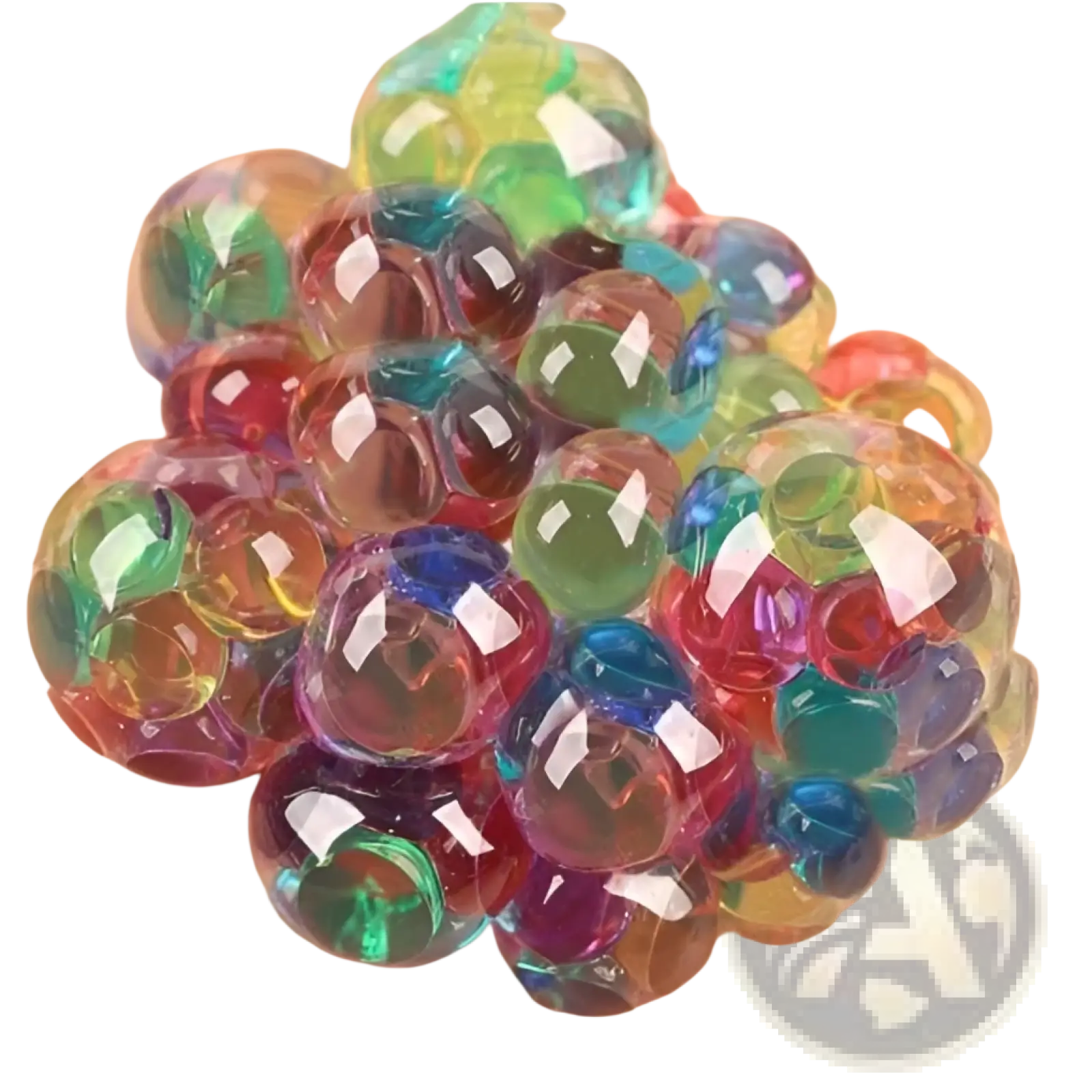A cluster of translucent colorful gel beads in red blue green and purple featured in led mesh stress ball glowing grape squeeze toy