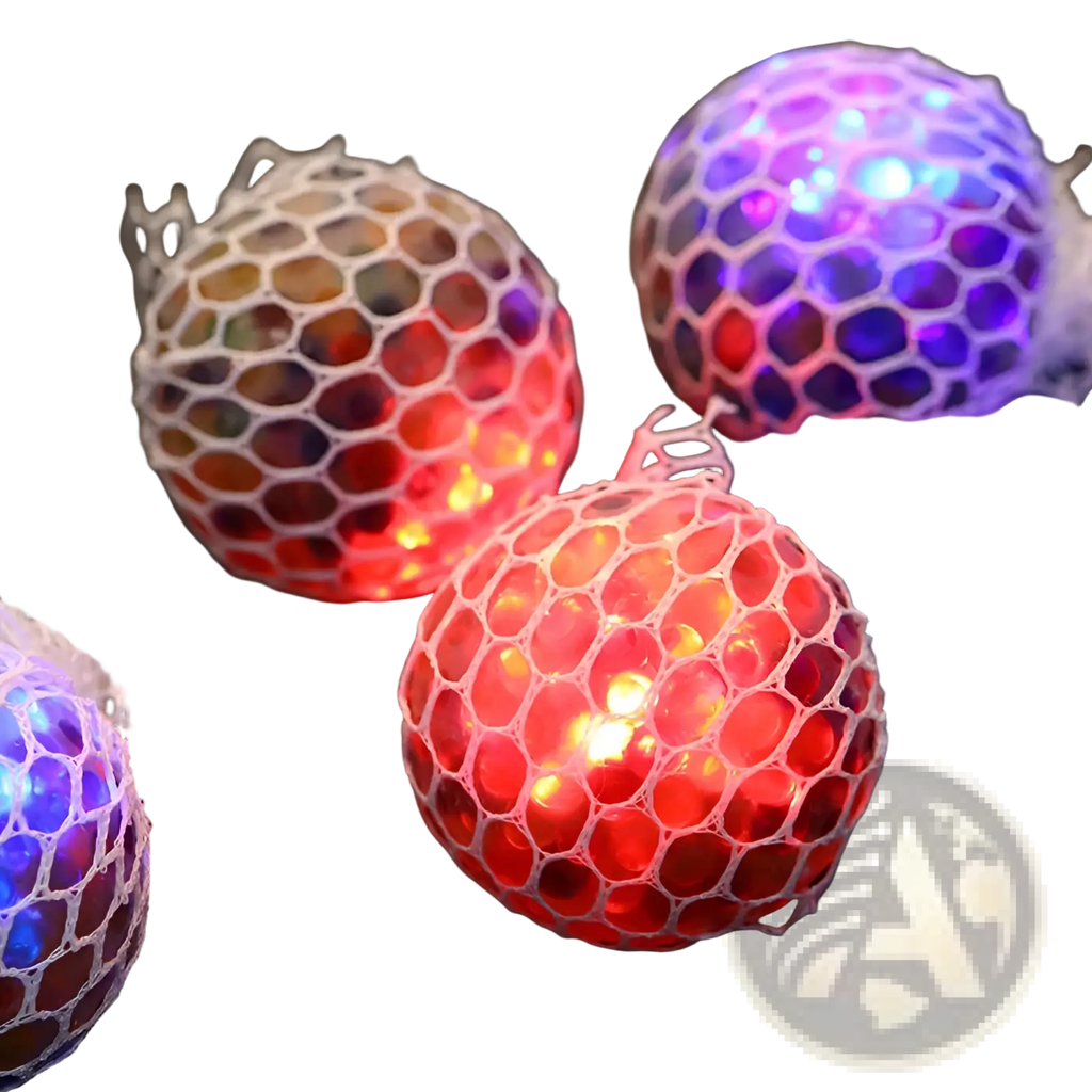 Led mesh stress ball glowing grape squeeze toy with red and purple leds and white mesh netting exterior
