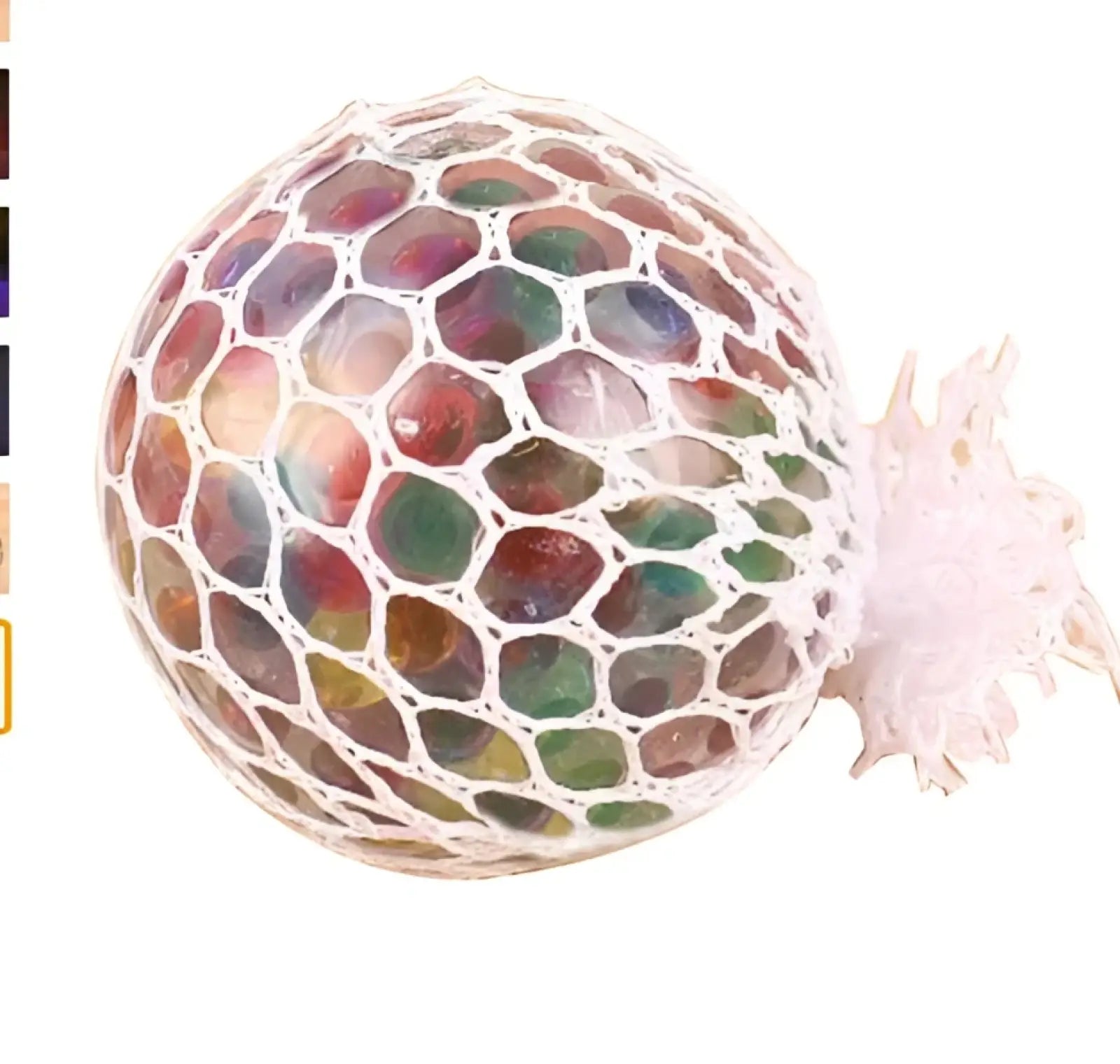 Led mesh stress ball glowing grape squeeze toy with translucent multicolored surface white mesh and soft pink pom-pom attached