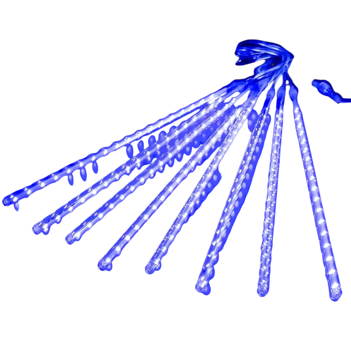 Blue led meteor shower rain string lights with clear plastic casings and evenly spaced bulbs for indoor outdoor use