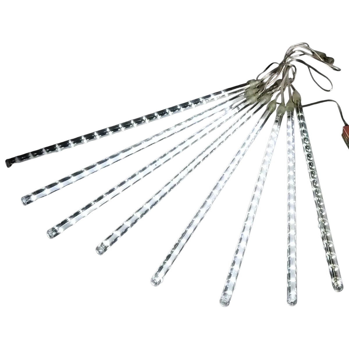 Led meteor shower rain string lights with clear translucent icicle design and evenly spaced white bulbs for indoor outdoor use
