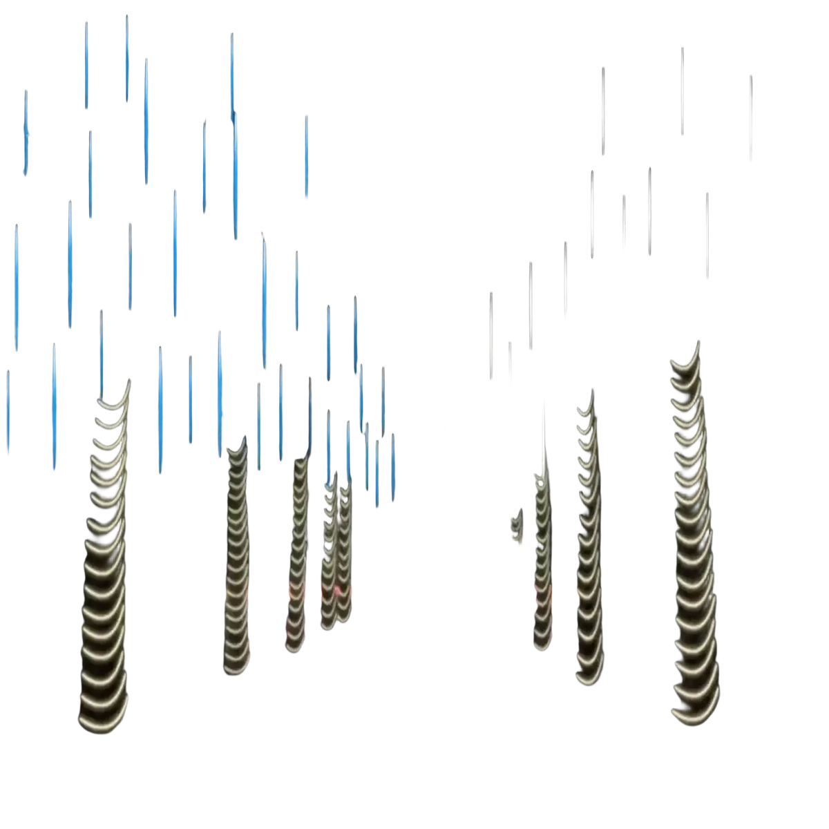 A set of metallic ribbed rods with reflective surface and blue bars for led meteor shower rain string lights indoor outdoor