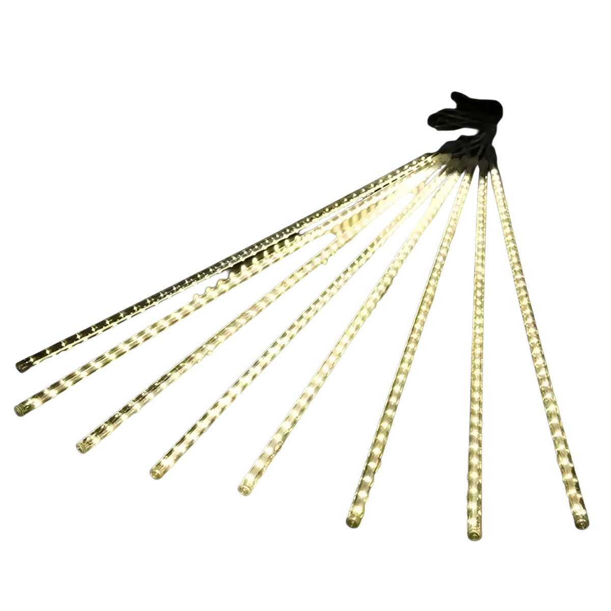 A set of warm white led meteor shower rain stick string lights with clear plastic casing and evenly spaced bulbs for indoor outdoor use