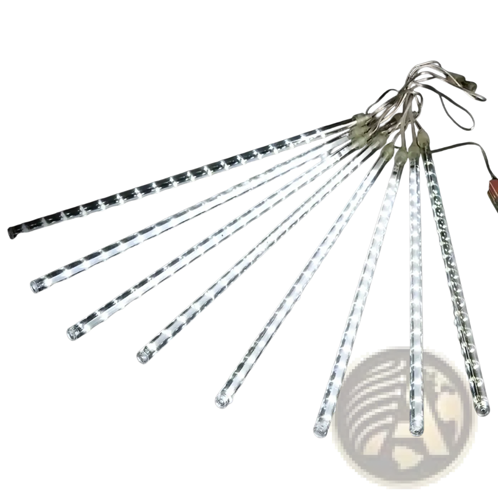 Led meteor shower rain string lights with clear translucent icicle design and evenly spaced white bulbs for indoor outdoor use