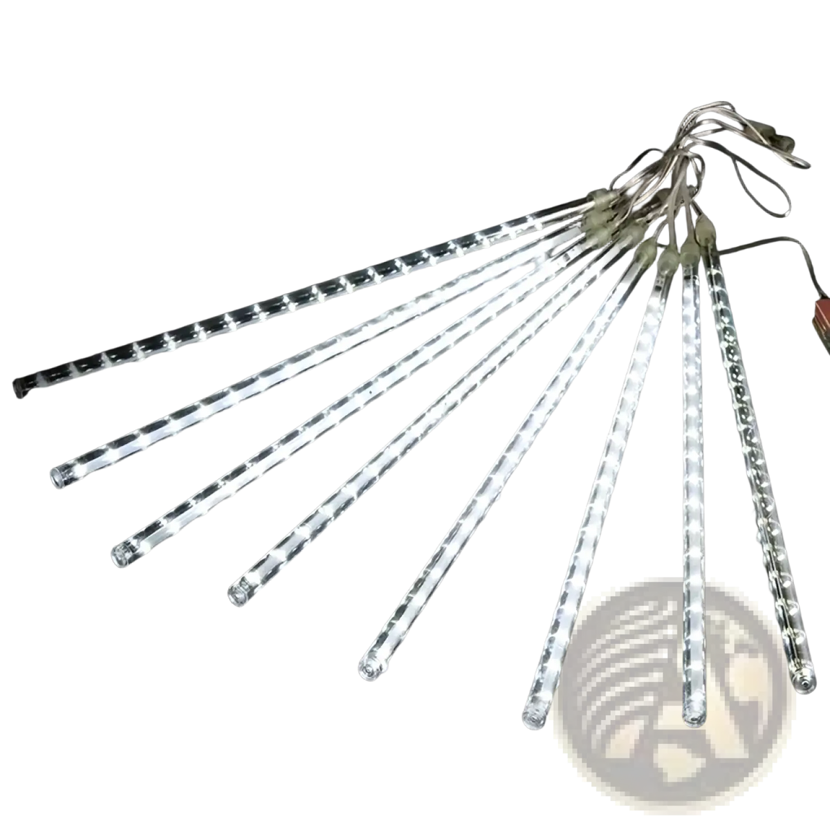 Led meteor shower rain string lights with clear translucent icicle design and evenly spaced white bulbs for indoor outdoor use