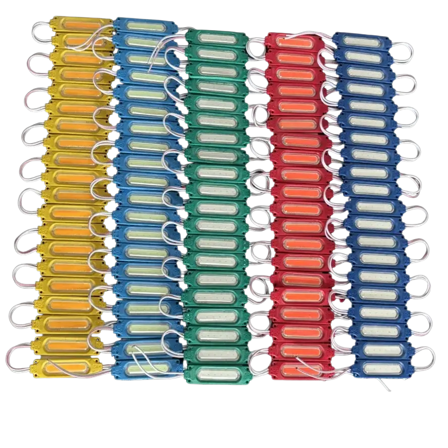 Rows of ultra bright led modules in yellow blue green red and orange plastic casings with white wiring 12v multicolour cob backlight