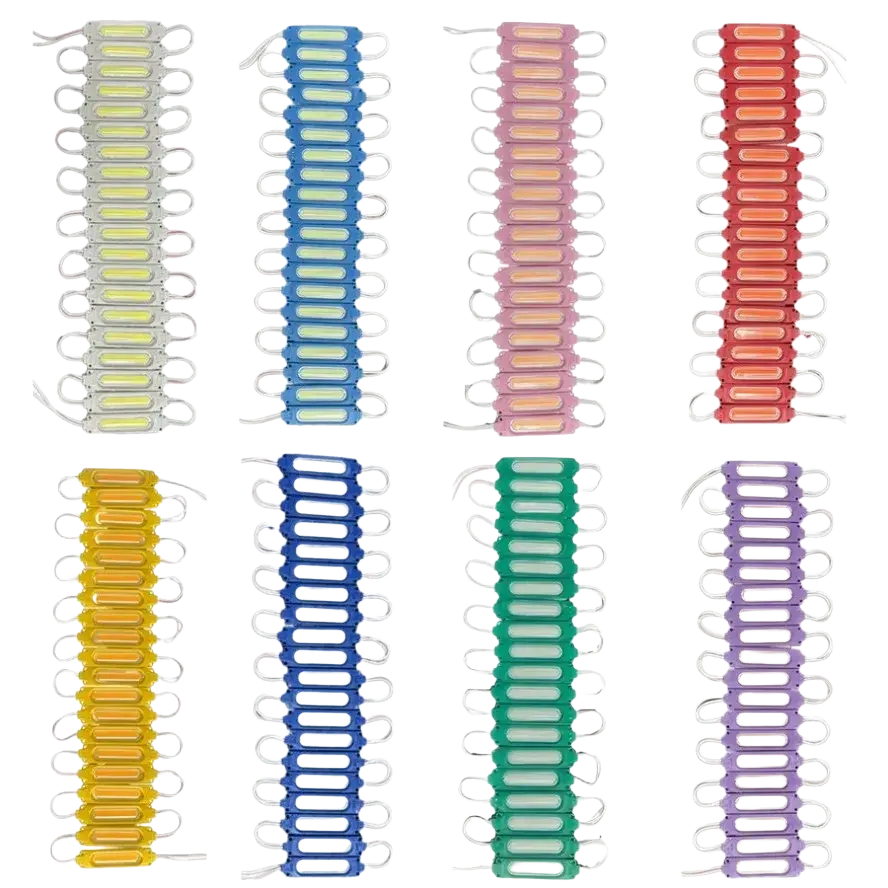A set of eight ultra bright led modules in blue pink purple with metallic connectors for 12v waterproof backlight use