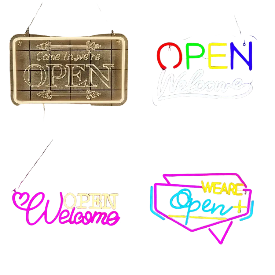 Led neon open sign usb powered wall decor with warm yellow glowing open and welcome text in a rectangular frame