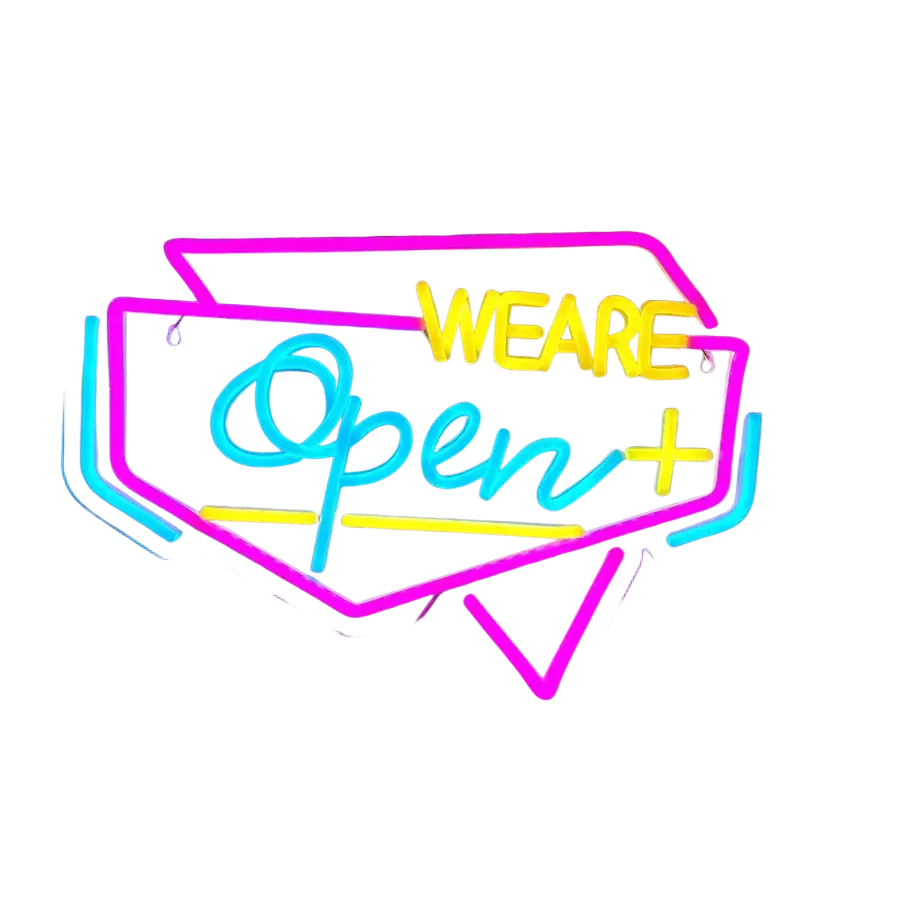 Vibrant led neon sign with we are open in bold glowing letters outlined by pink and cyan geometric tubing usb powered wall decor