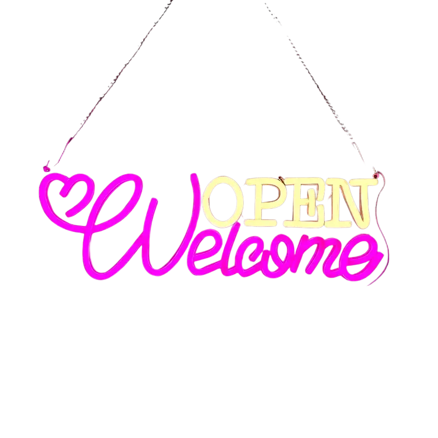 A vibrant pink and yellow led neon sign reading welcome open with heart design usb powered wall decor
