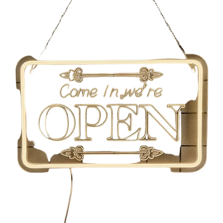 A warm glowing rectangular led neon sign with come in we are open in elegant script usb powered wall decor