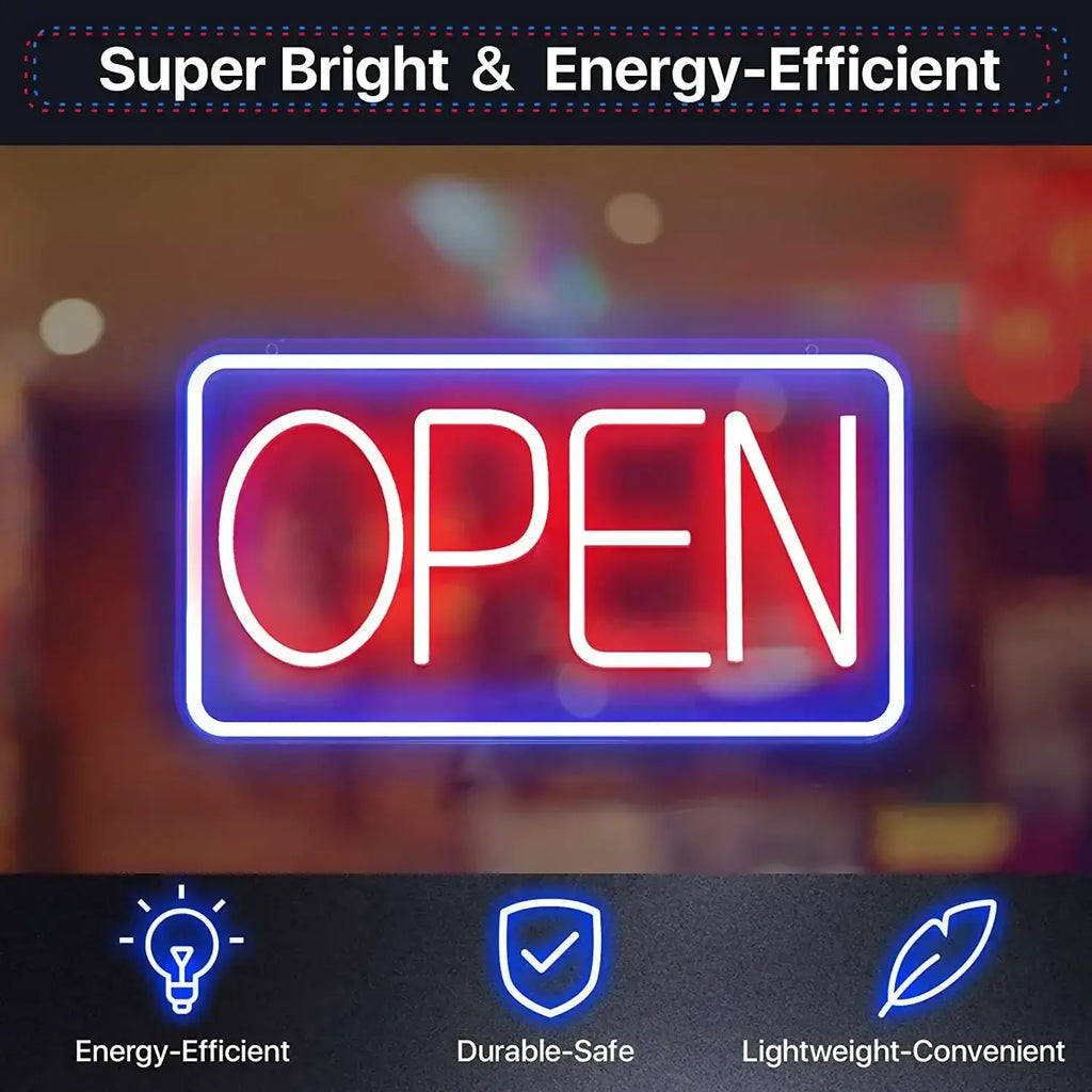 Led open neon sign with adjustable brightness featuring glowing red and blue neon lights as a vibrant light source