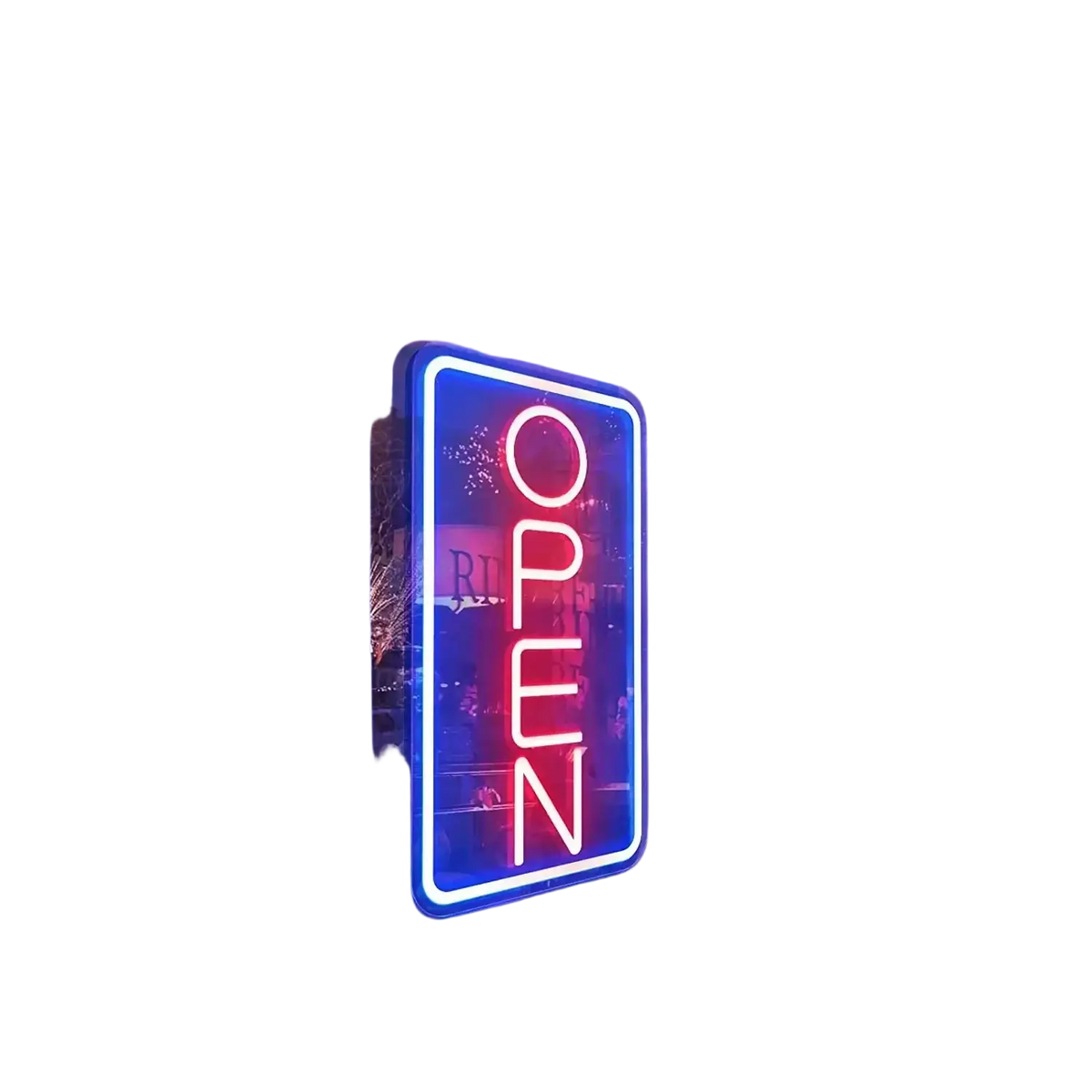 Led open neon sign with red neon lights outlined in blue displayed in window with adjustable brightness light source